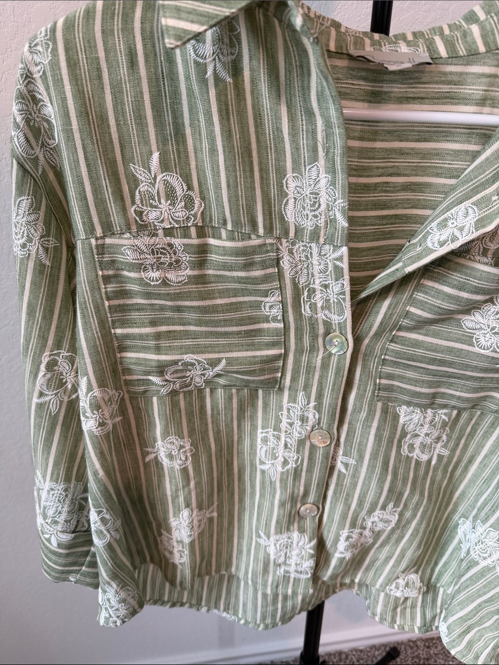 Chenault Green and White Striped Embroidered Button-Up Blouse - Picture 3 of 5